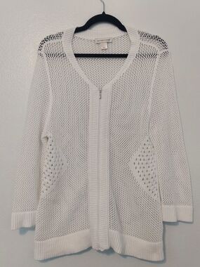 Christopher Banks White Open-Knit Zip-Front Women's Sweater Cardigan Size L